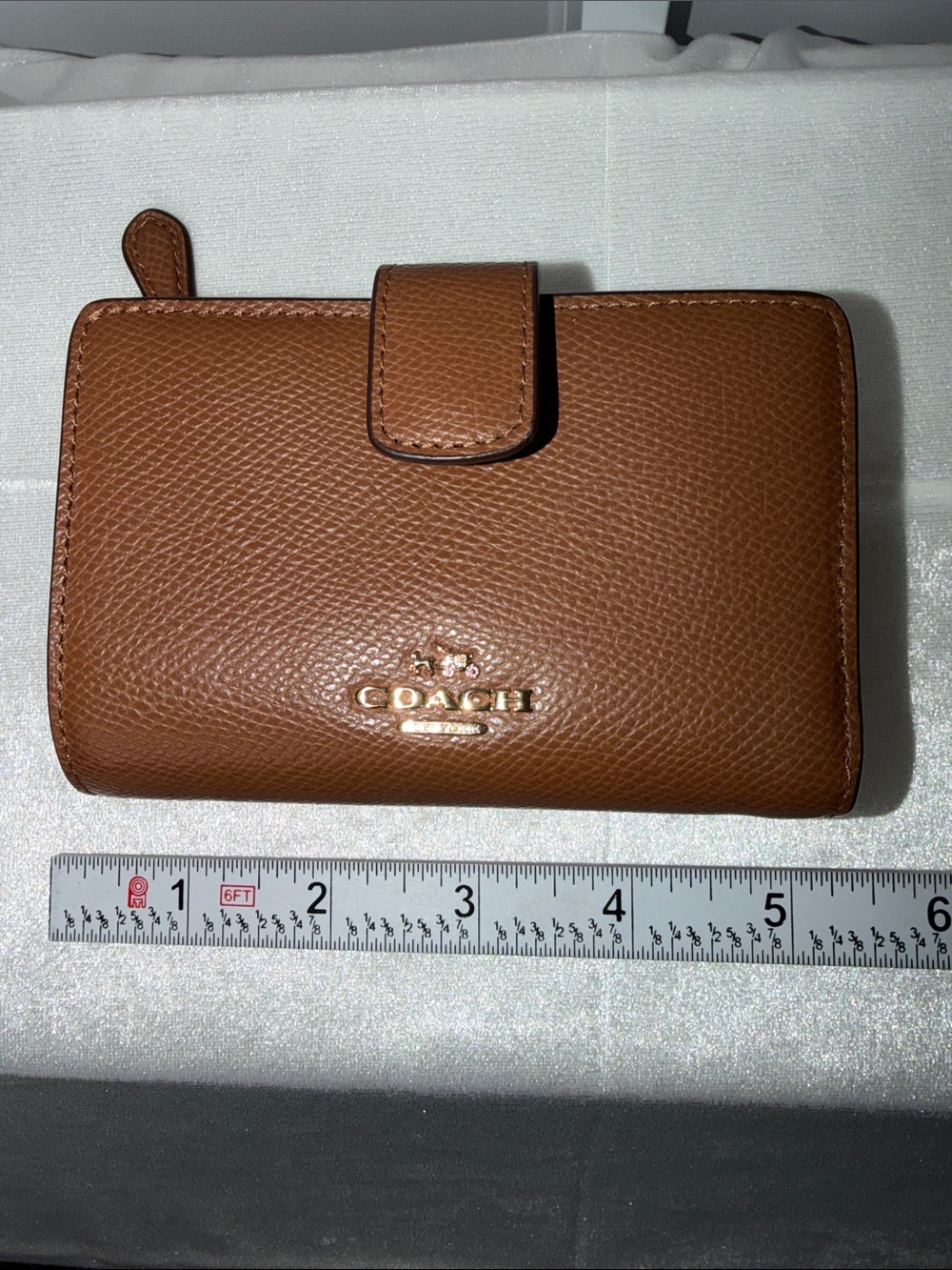 Coach Tan Pebbled Leather Snap & Zip Wallet with Gold Logo